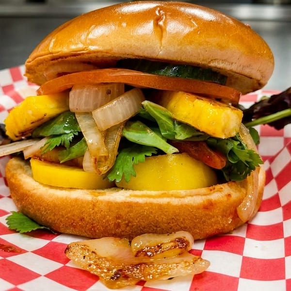A vibrant veggie burger with grilled squash, onions, and greens on a bun, served on checkered paper.