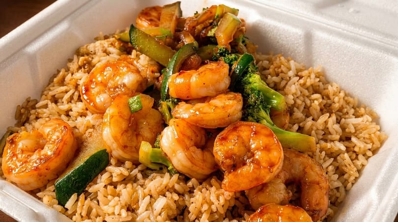 Shrimp stir-fry with broccoli, zucchini, and fried rice in a white takeout container.