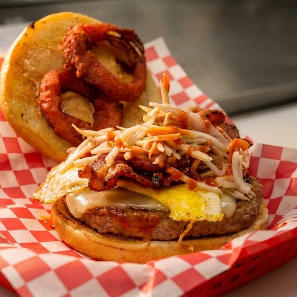 A burger with a fried egg, bacon, coleslaw, and onion rings on a red and white checkered liner.