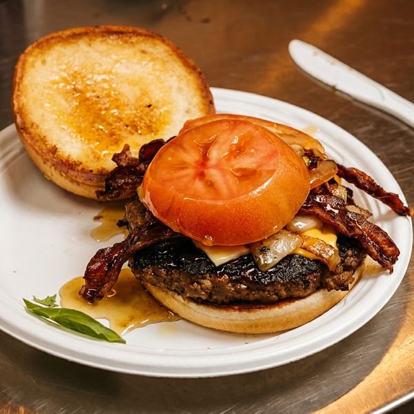 A gourmet burger with bacon, cheese, caramelized onions, and tomato on a white plate.