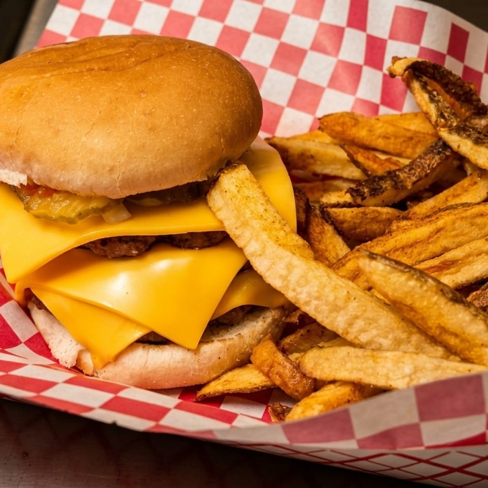 Cheeseburger with pickles and onions, served with a side of fries in a red and white checkered basket.