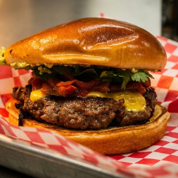 A juicy burger with melted cheese, guacamole, and red peppers on a brioche bun, in a red checkered wrapper.
