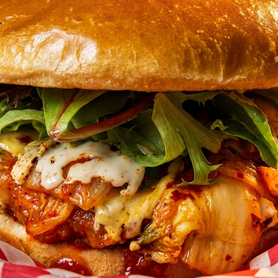 Close-up of a burger with kimchi, melted cheese, and lettuce, served in red and white checkered paper.
