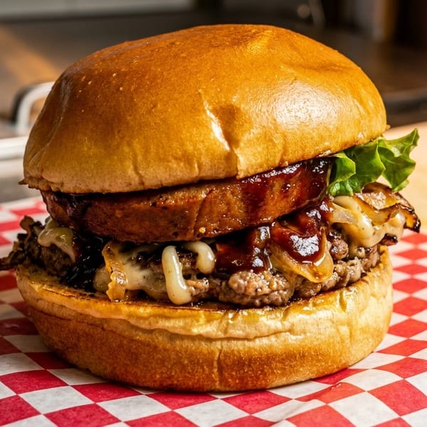 A gourmet burger with melted cheese, caramelized onions, and barbecue sauce on a red and white checkered paper.